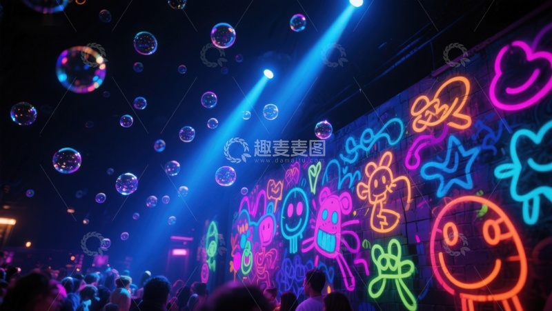 高清大图下载【趣麦麦图】霓虹灯墙与泡泡的夜景
