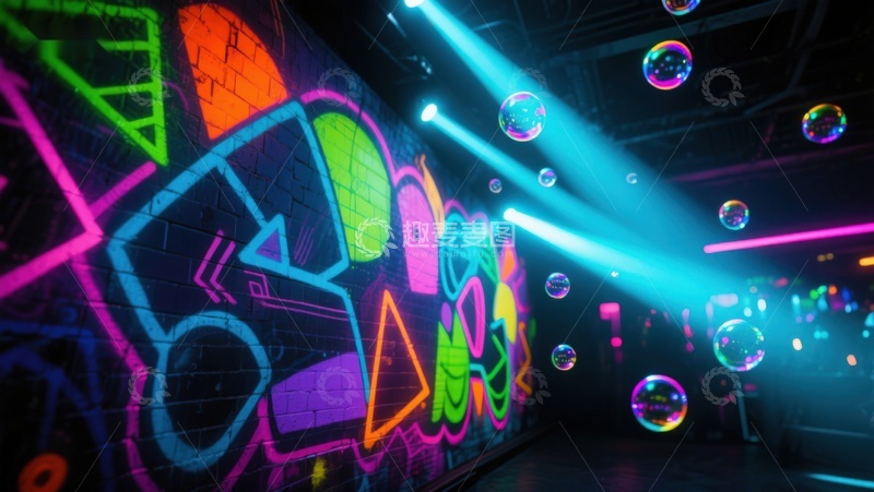 高清大图下载【趣麦麦图】霓虹涂鸦墙与泡泡灯的炫彩空间