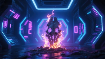 科幻走廊中的燃烧骷髅