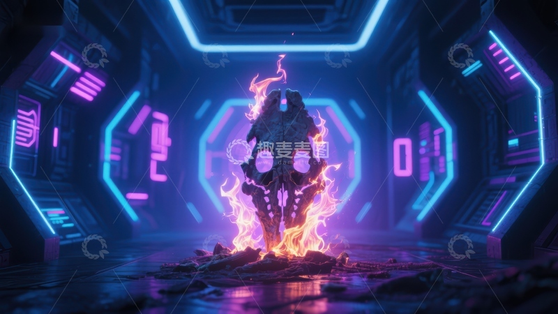 高清大图下载【趣麦麦图】科幻走廊中的燃烧骷髅