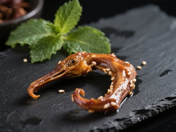 酱鸭头配芝麻与薄荷叶