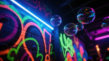 霓虹灯光下的泡泡与涂鸦墙