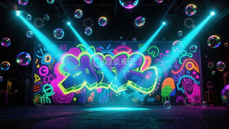 高清大图下载【趣麦麦图】霓虹涂鸦墙与泡泡灯光秀