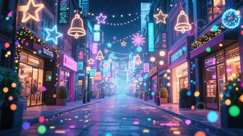 高清大图下载【趣麦麦图】霓虹灯下的节日街头夜景