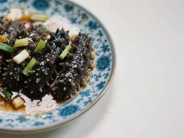 海参菜肴，配以葱花和酱汁