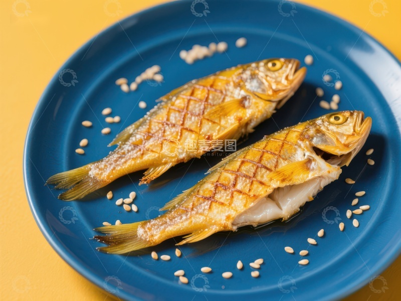 高清大图下载【趣麦麦图】烤鱼配芝麻，蓝色盘中呈现