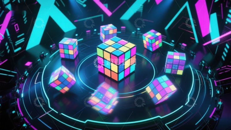 高清大图下载【趣麦麦图】霓虹灯光下的魔方舞台