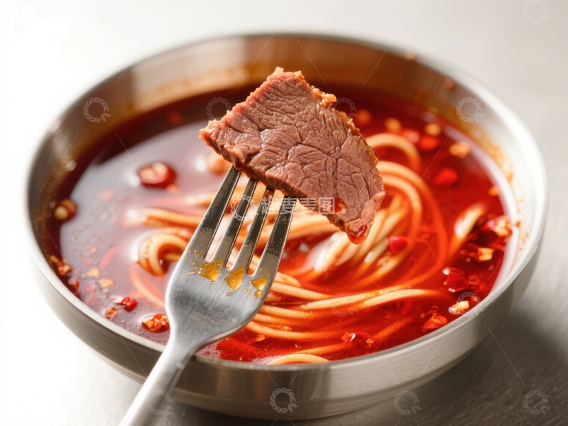 高清大图下载【趣麦麦图】叉子夹起牛肉，红油面条热辣诱人