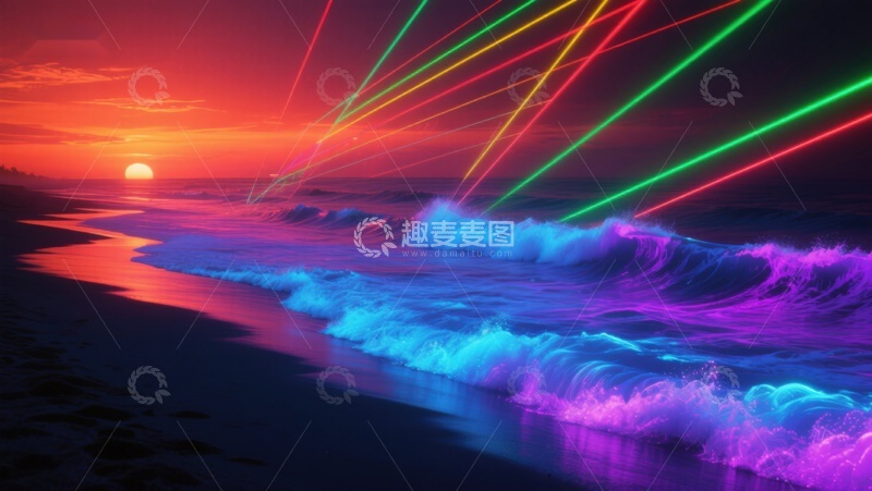 高清大图下载【趣麦麦图】霓虹激光映照的梦幻海滩