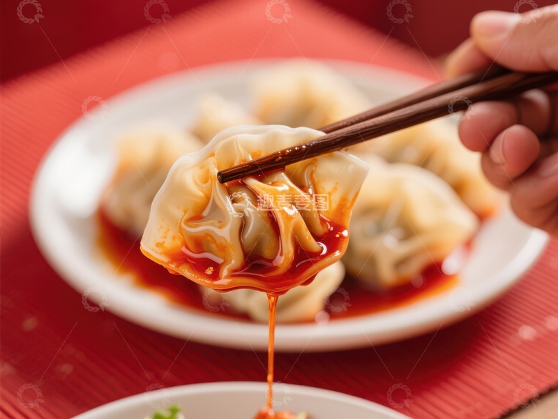 高清大图下载【趣麦麦图】筷子夹起蘸有辣椒油的饺子