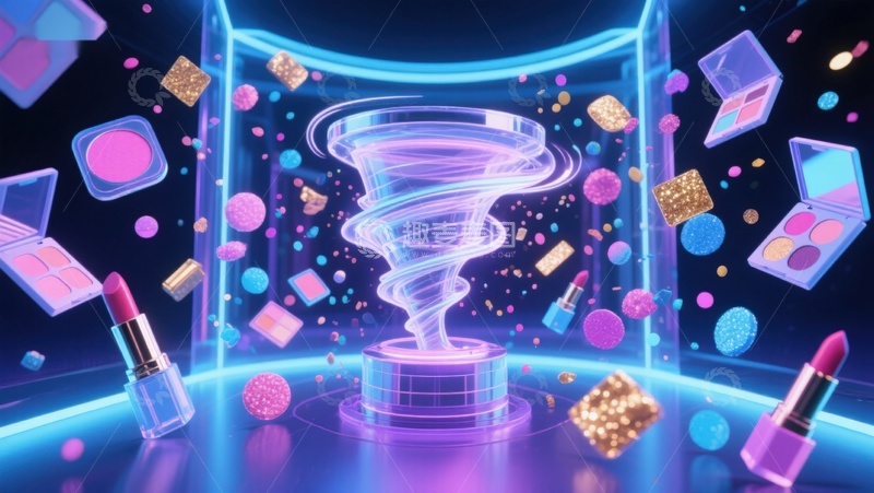 高清大图下载【趣麦麦图】美妆旋风：未来感化妆品展示
