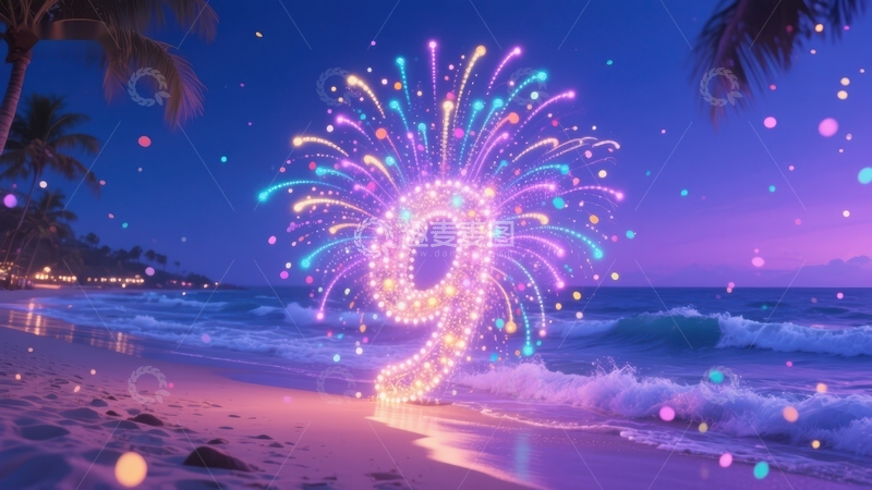 高清大图下载【趣麦麦图】海滩夜景烟花数字9