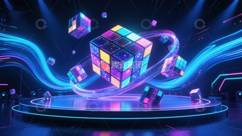 高清大图下载【趣麦麦图】霓虹光影中的魔方舞动