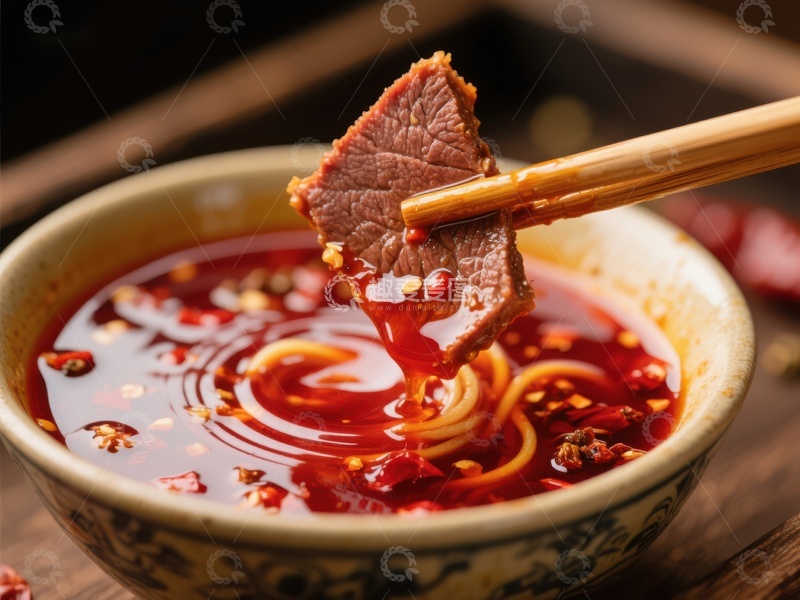 高清大图下载【趣麦麦图】麻辣牛肉面，筷子夹起肉片