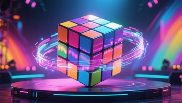 炫彩魔方在霓虹灯光下的动态展示