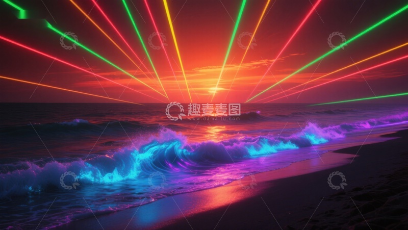 高清大图下载【趣麦麦图】霓虹激光映照的梦幻海滩