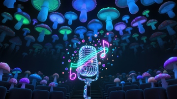 霓虹麦克风与荧光蘑菇的奇幻场景