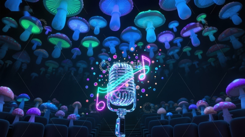 高清大图下载【趣麦麦图】霓虹麦克风与荧光蘑菇的奇幻场景