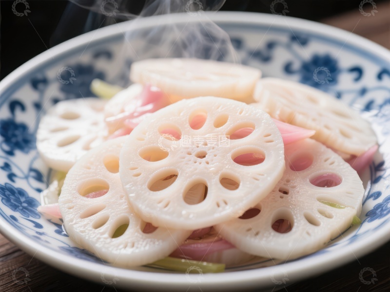 高清大图下载【趣麦麦图】新鲜莲藕片，热气腾腾的中式凉菜