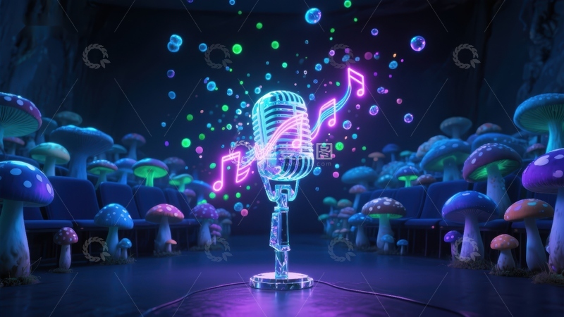 高清大图下载【趣麦麦图】霓虹麦克风与蘑菇森林的奇幻场景