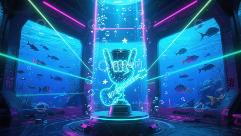 高清大图下载【趣麦麦图】水下霓虹舞台吉他雕塑