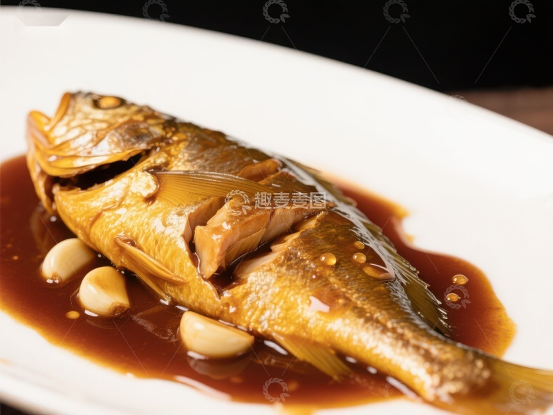高清大图下载【趣麦麦图】红烧鱼配蒜瓣，美味佳肴