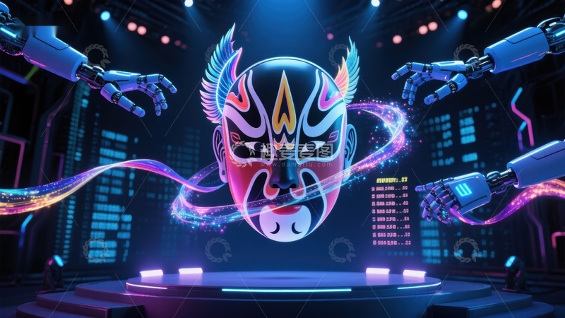 高清大图下载【趣麦麦图】科技舞台上悬浮的戏曲面具