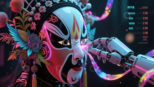 传统戏曲面具与机械臂的奇幻互动