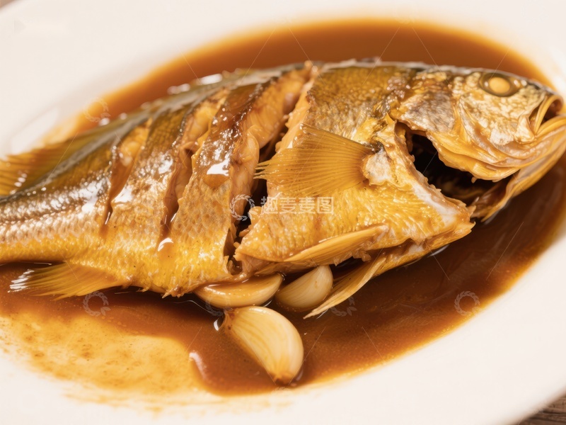高清大图下载【趣麦麦图】红烧鱼配蒜瓣，色泽诱人
