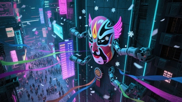 未来都市中的机械京剧脸谱