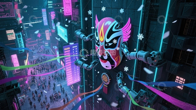 未来都市中的机械京剧脸谱