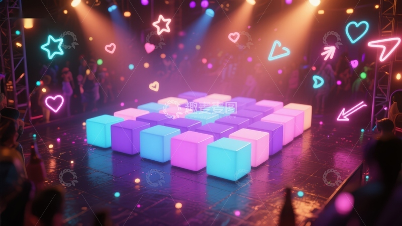 高清大图下载【趣麦麦图】霓虹灯光下的彩色立方体舞台