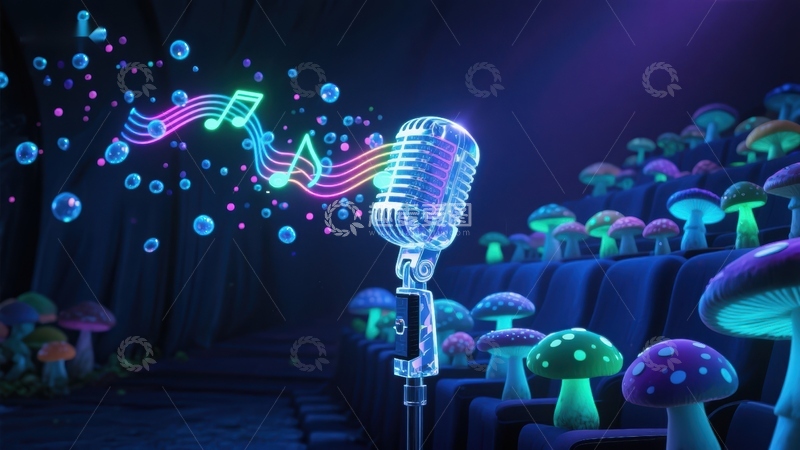 高清大图下载【趣麦麦图】霓虹麦克风与蘑菇森林