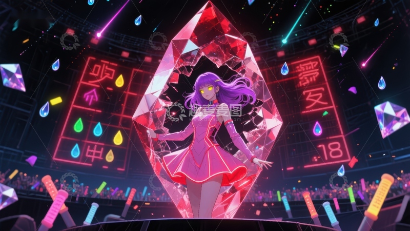 高清大图下载【趣麦麦图】紫色长发少女在霓虹灯光下的水晶舞台