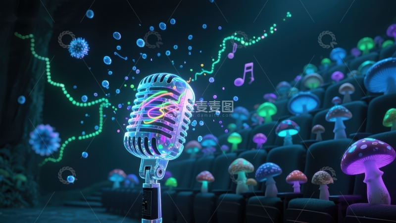 高清大图下载【趣麦麦图】霓虹麦克风与荧光蘑菇的奇幻舞台