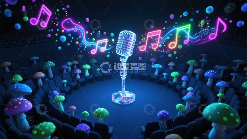 高清大图下载【趣麦麦图】霓虹麦克风与蘑菇观众的奇幻舞台