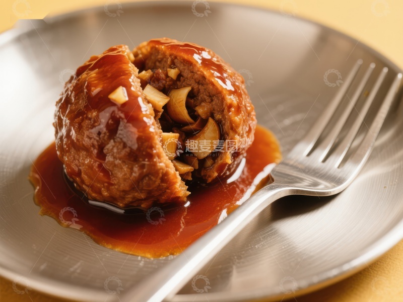 高清大图下载【趣麦麦图】肉丸切半，淋酱汁，配叉子