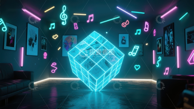高清大图下载【趣麦麦图】霓虹音乐方块室内艺术场景