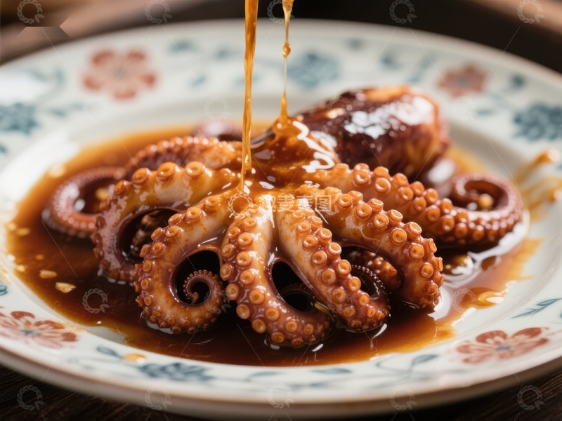 高清大图下载【趣麦麦图】酱汁淋洒在章鱼上的美食特写