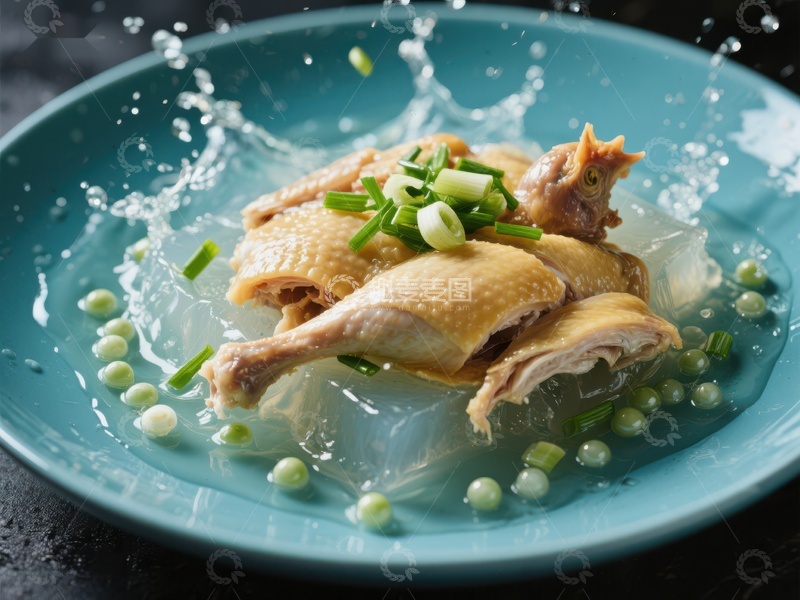 高清大图下载【趣麦麦图】清蒸全鸡配葱花与豌豆