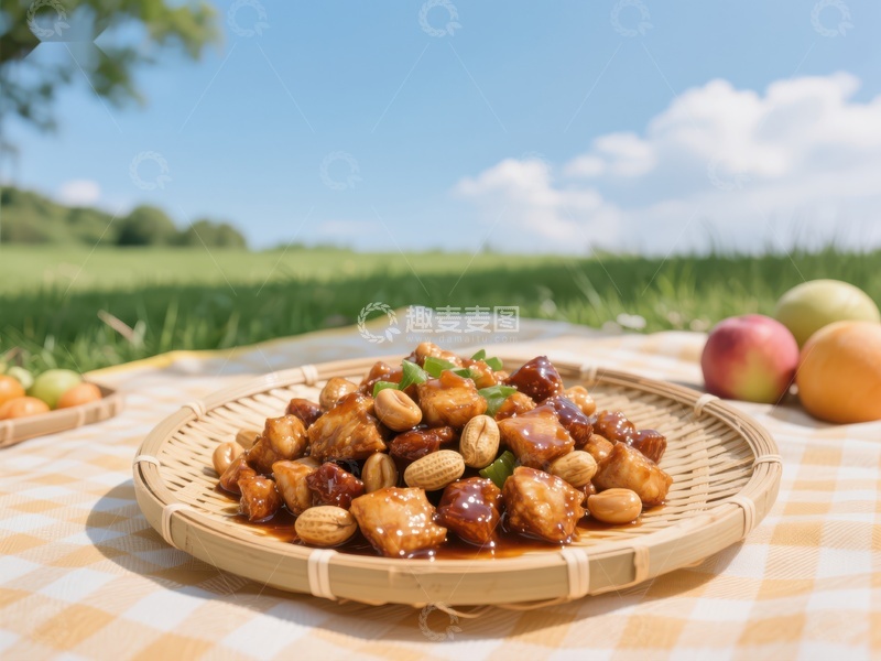 高清大图下载【趣麦麦图】户外野餐桌上美味的宫保鸡丁