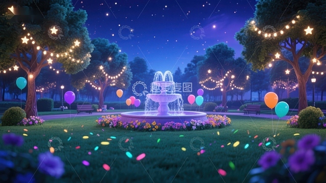 夜色中的花园喷泉