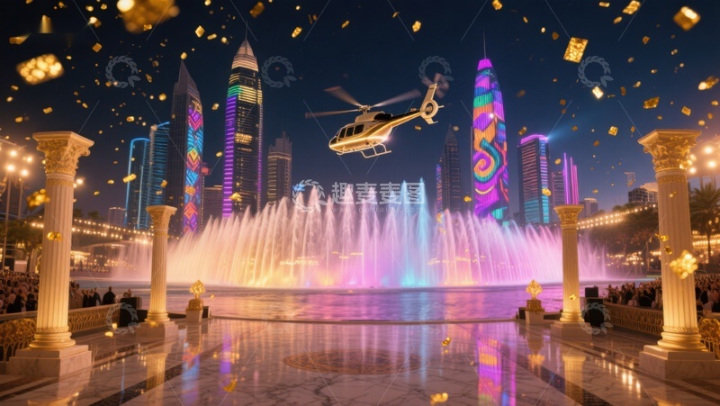 高清大图下载【趣麦麦图】夜景喷泉与直升机