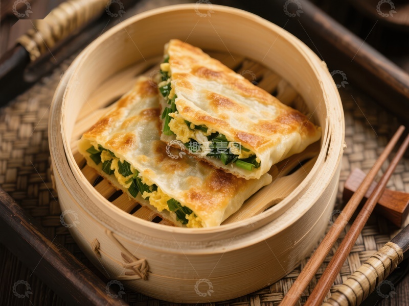 高清大图下载【趣麦麦图】金黄煎饺，竹蒸笼中香气四溢
