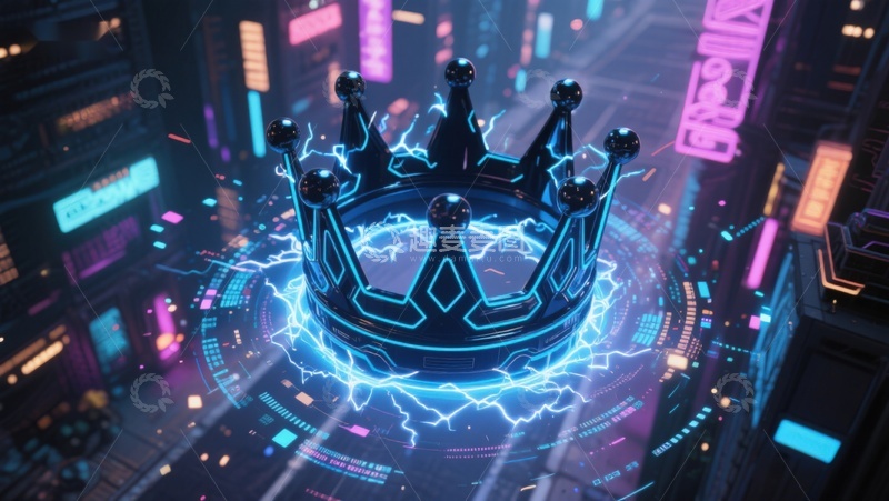 高清大图下载【趣麦麦图】未来科技皇冠，霓虹都市背景