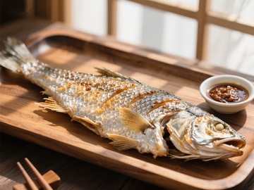 烤鱼摆盘，佐以酱料
