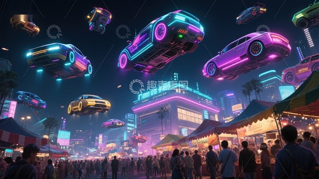 未来城市夜景：悬浮汽车与霓虹灯