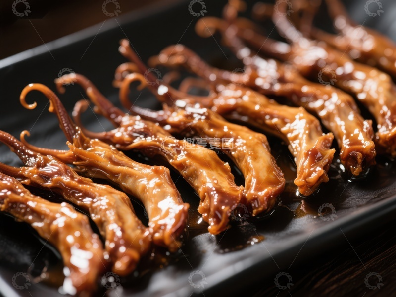 高清大图下载【趣麦麦图】酱汁鸭舌整齐排列于黑色盘中