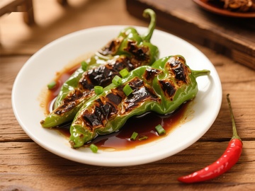 烤青椒配酱油，美味中式小吃