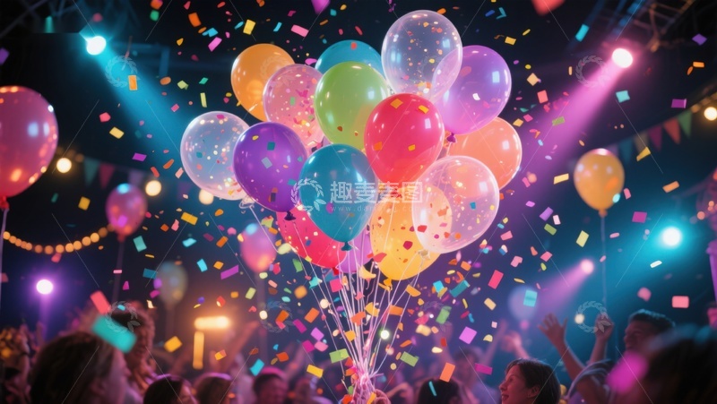 高清大图下载【趣麦麦图】彩色气球与彩带飞扬的庆祝场景